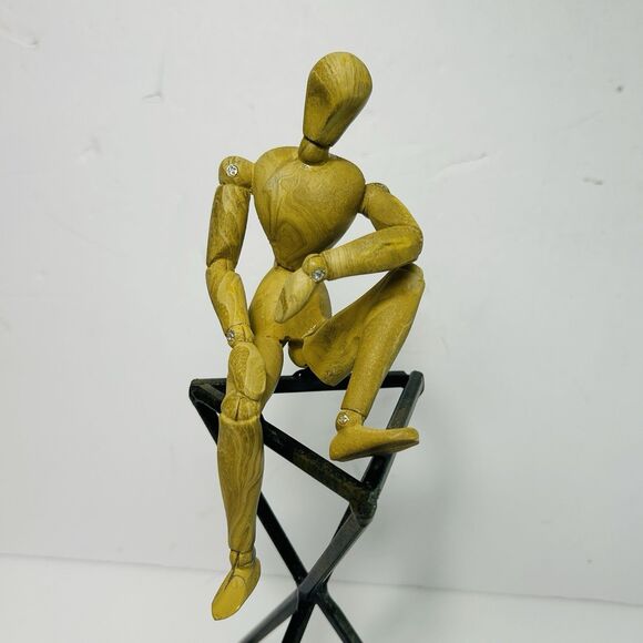 Wooden Jointed Artist Figure Sitting on Metal Stand Modern Figurine Decor 10" - Picture 2 of 7